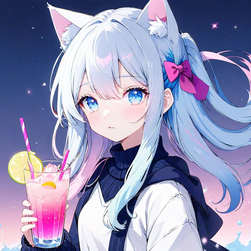 cowboy shot, masterpiece,Splash color, soft lighting,(cocktail glass), 1girl, solo, cat ears, multicolored hair, ((gradient hair), white+(blue)+(pink:0.5) hair//), very long hair, messy hair, bangs, ahoge, ((gradient eyes), pink+light_blue eyes//), slit pupils, glowing eyes, 1fang, white sweater, loli