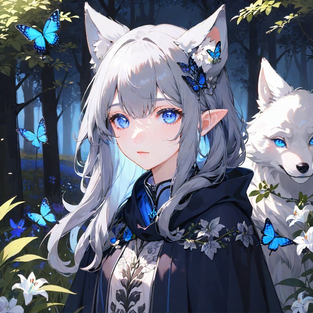 (masterpiece:1.2), high_quality ,occultism, Aestheticism Painting , (flat color), best quality, soft lighting, (depth_of_field:1.3),(solo:1.4), [close-up], (1girl), detailed beautiful blue eyes, (silvery hair) , wolf_ears, short_hair,archbishop_robe ,largr_sleeve, grey_cloak, blooming, looking_at_viewer, lily (flower) , blue butterfly, (fantastic colorful),fluorescence, (forest:1.25), tree_shade, (flowers meadows:1.4), flower, leaves, looking back, cute_fang, black gloves, long scarf,