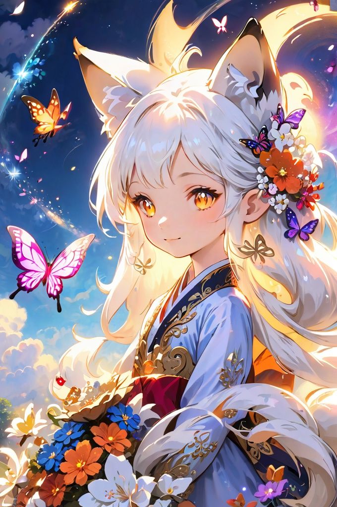 masterpiece,(ultra detailed:1.3),best quality,(sparkle:1.2),(Fantasy World:1.4),1girl,fox ear,long hair,white hair, hair flowers,bug,butterfly,flower,cloud,