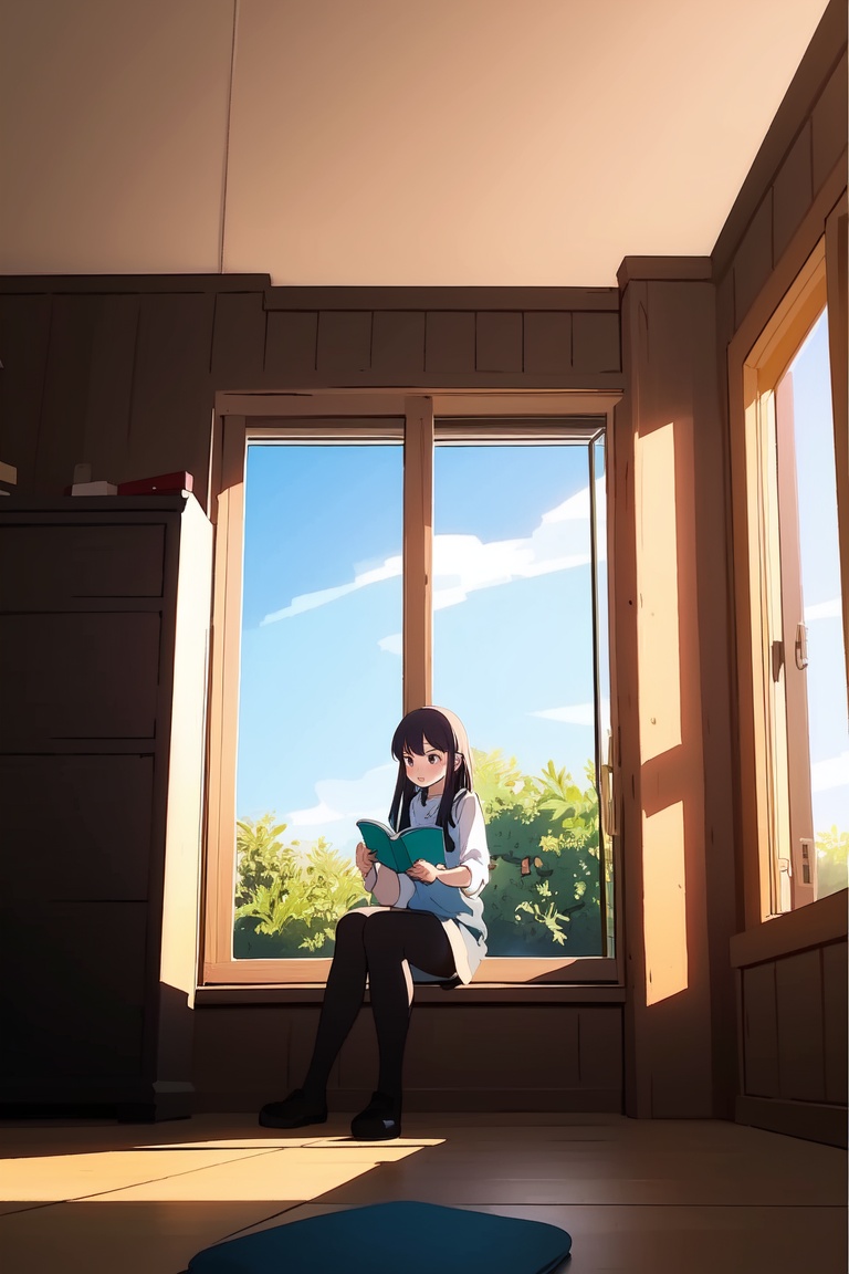 AGGA_ST010,  girl reading by the window sill while a ray of light enters the room on Tensor.Art