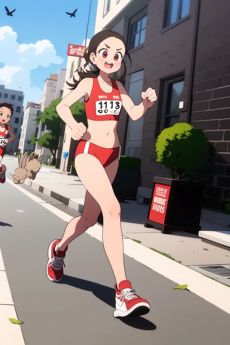 AGGA_ST010,  girl running a marathon being followed by rabbits on Tensor.Art