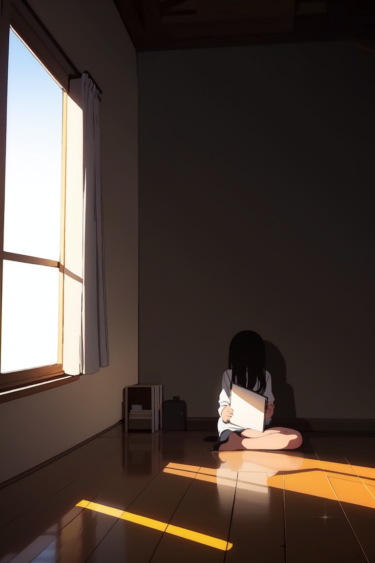AGGA_ST010,  girl reading by the window sill while a ray of light enters the room on Tensor.Art