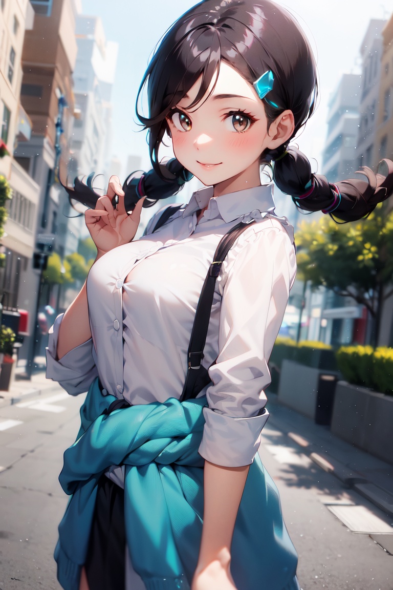 ? 1girl 4.8M? black hair 1.1M? brown eyes 710k? clothes around waist 9.8k? copyright name 86k? hair ornament 1.1M? haircli...