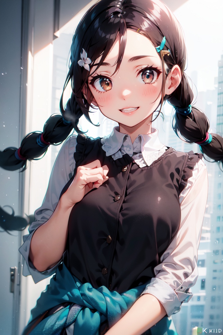 ? 1girl 4.8M? black hair 1.1M? brown eyes 710k? clothes around waist 9.8k? copyright name 86k? hair ornament 1.1M? haircli...