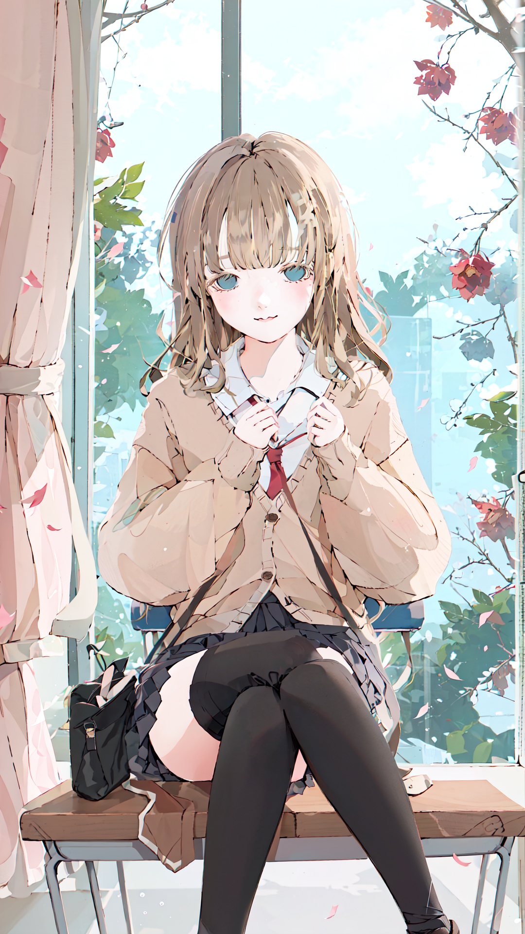  red theme, 1girl, solo, thighhighs, desk, blue eyes, long hair, sitting, school desk, sitting on desk, on desk, white thighhighs, hair ornament, smile, water, skirt, shoes, school uniform, petals, blush, looking at viewer, zettai ryouiki, collarbone, leaf, classroom, loafers, blonde hair, brown hair, plaid, cardigan, plaid skirt, chair, indoors, ripples