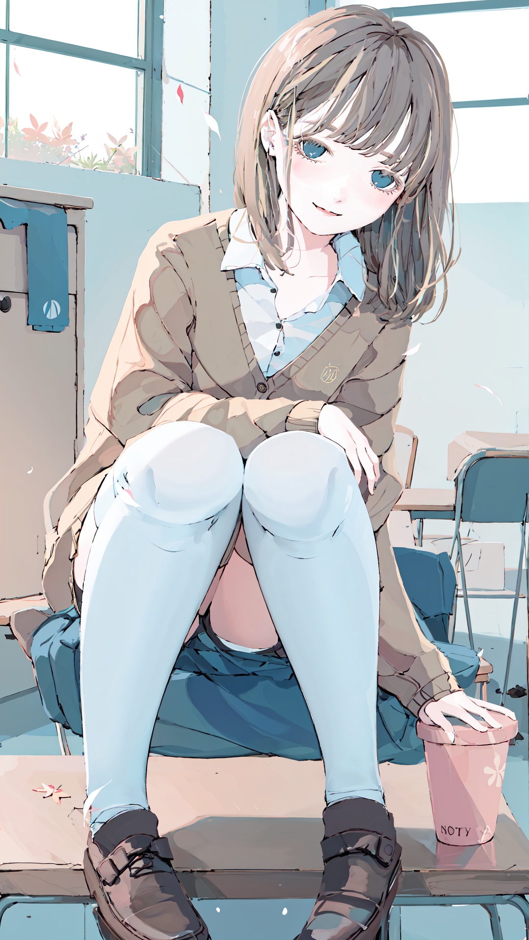  red theme, 1girl, solo, thighhighs, desk, blue eyes, long hair, sitting, school desk, sitting on desk, on desk, white thighhighs, hair ornament, smile, water, skirt, shoes, school uniform, petals, blush, looking at viewer, zettai ryouiki, collarbone, leaf, classroom, loafers, blonde hair, brown hair, plaid, cardigan, plaid skirt, chair, indoors, ripples