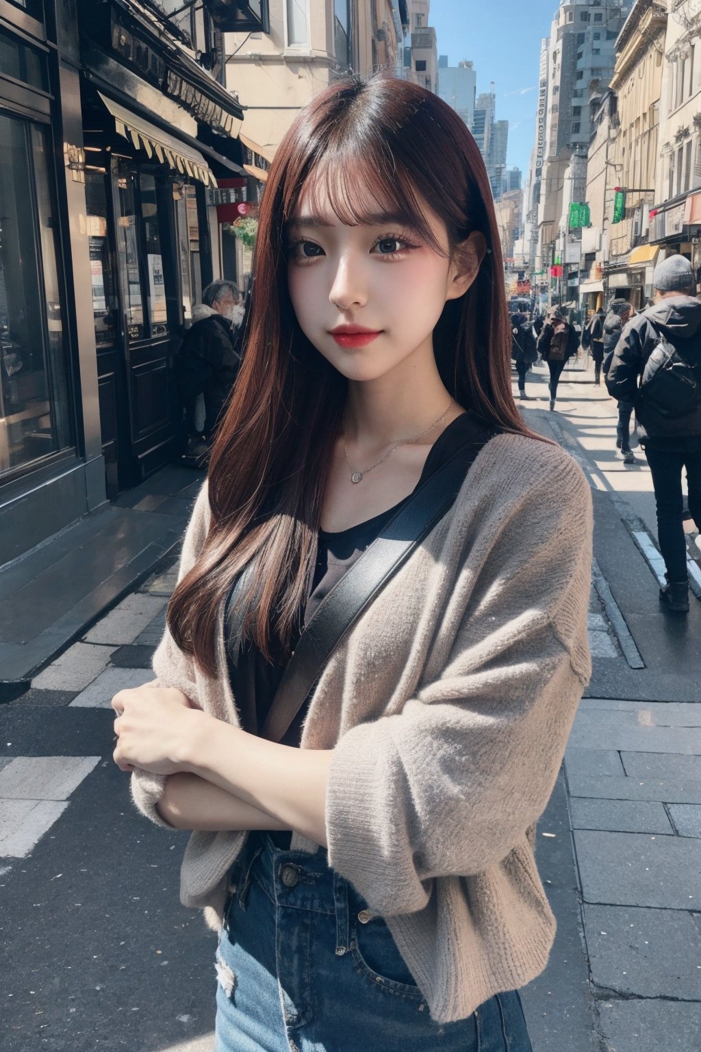 A glamour portrait photo,  outside the street,  shot by sony a7 mark iii,  85mm, hdr, vivid color,mimi_minami