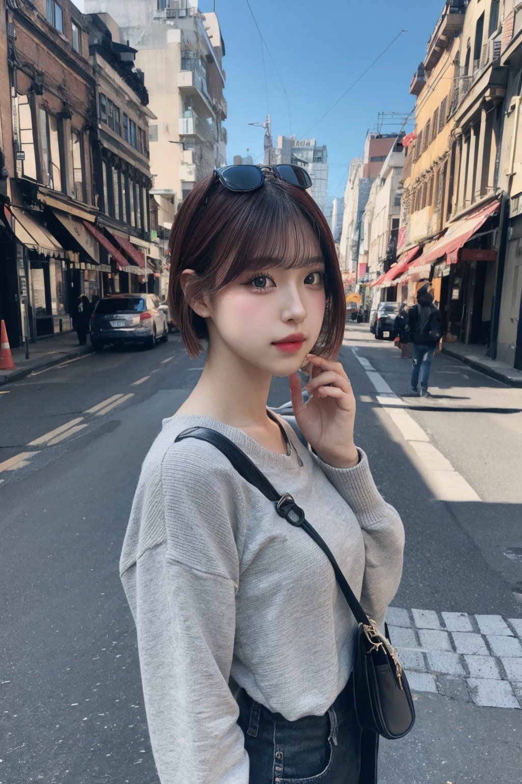 A glamour portrait photo,  outside the street,  shot by sony a7 mark iii,  85mm, hdr, vivid color,mimi_minami
