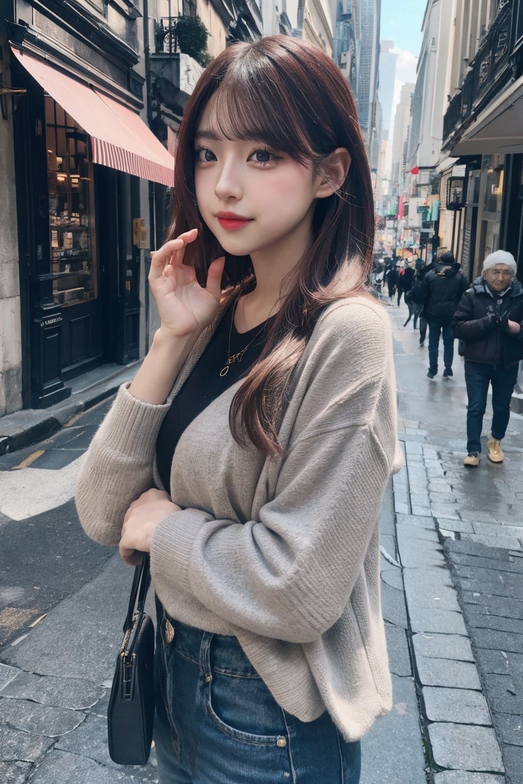 A glamour portrait photo,  outside the street,  shot by sony a7 mark iii,  85mm, hdr, vivid color,mimi_minami