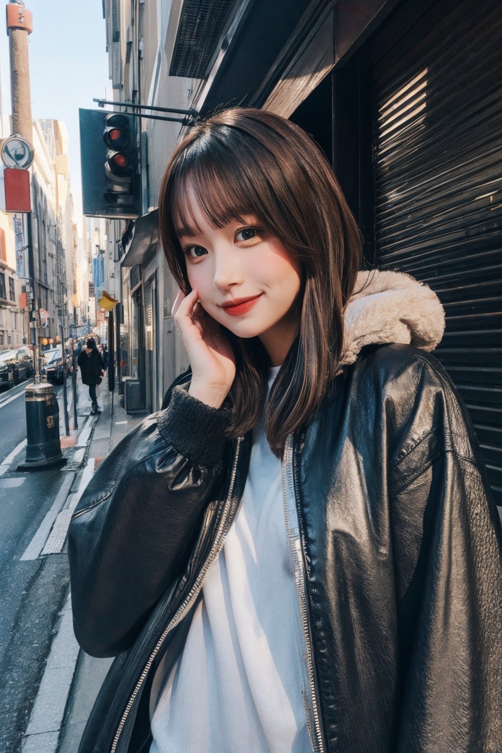 A glamour portrait photo,  outside the street,  shot by sony a7 mark iii,  85mm,  hdr, vivid color,,mm_runa