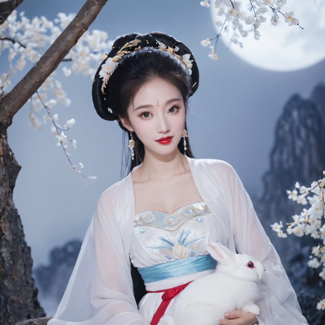 changexianzi, cexz3, 1girl, solo, long hair, smile, black hair, hair ornament, long sleeves, dress, holding, jewelry, sitting, flower, earrings, parted lips, teeth, wide sleeves, white dress, blurry, black eyes, cup, lips, looking to the side, makeup, depth of field, animal, facial mark, looking away, chinese clothes, looking down, moon, lipstick, full moon, hair rings, rabbit, blurry foreground, forehead mark, realistic, nose, branch, red lips, hanfu, looking at animal<lora:ce10802-000007:0.7>