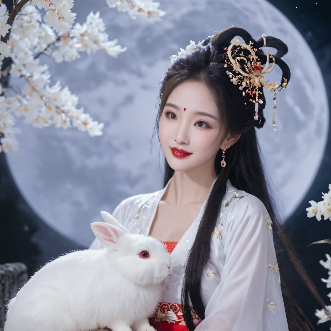 changexianzi, cexz3, 1girl, solo, long hair, smile, black hair, hair ornament, long sleeves, dress, holding, jewelry, sitting, flower, earrings, parted lips, teeth, wide sleeves, white dress, blurry, black eyes, cup, lips, looking to the side, makeup, depth of field, animal, facial mark, looking away, chinese clothes, looking down, moon, lipstick, full moon, hair rings, rabbit, blurry foreground, forehead mark, realistic, nose, branch, red lips, hanfu, looking at animal<lora:ce10802-000007:0.7>