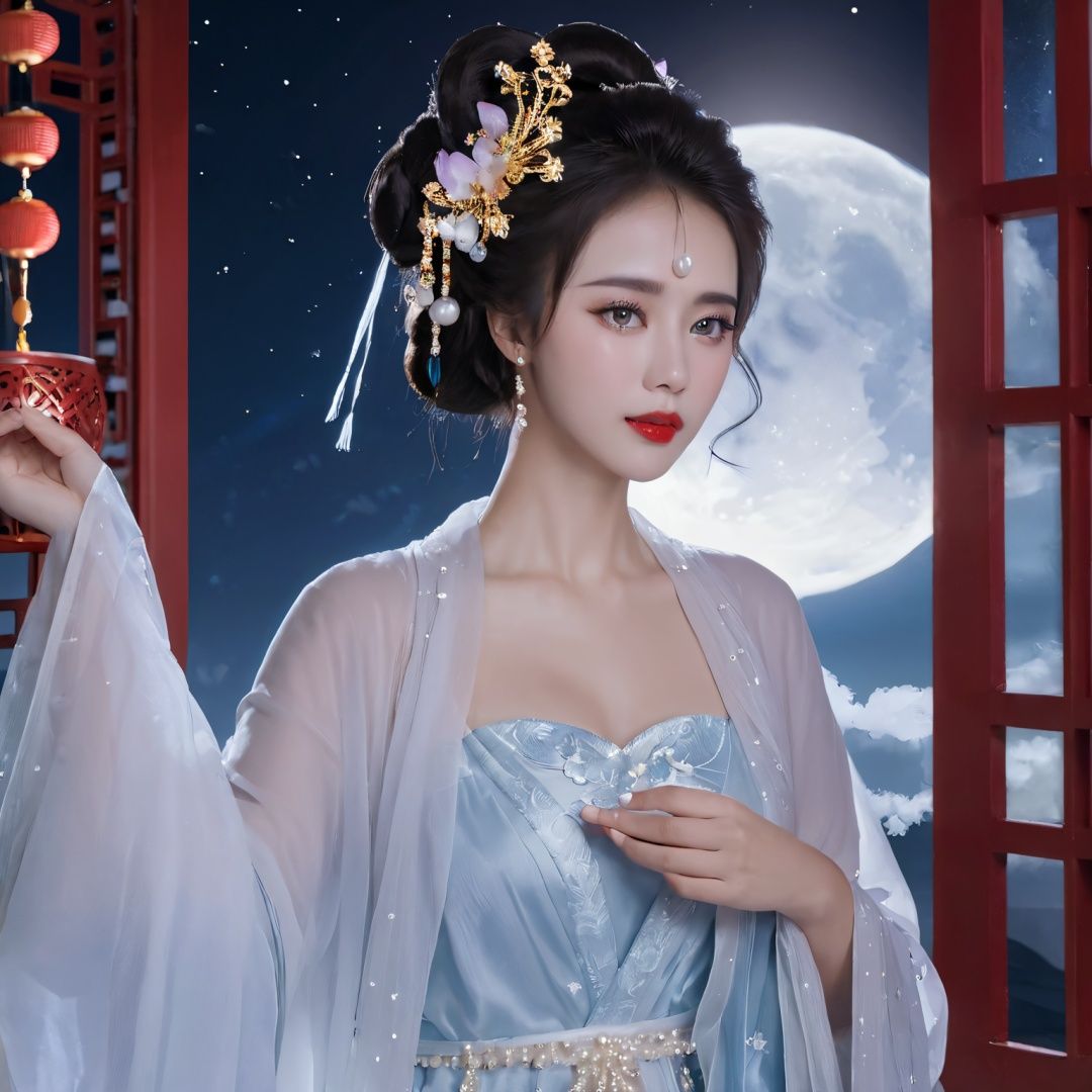 changexianzi, cexz4, 1girl, solo, looking at viewer, blue eyes, black hair, hair ornament, long sleeves, dress, holding, jewelry, closed mouth, collarbone, upper body, braid, flower, parted lips, wings, sky, solo focus, artist name, cloud, hair flower, wide sleeves, nail polish, lips, fingernails, see-through, hands up, eyelashes, window, blood, makeup, night, watermark, facial mark, chinese clothes, moon, lipstick, rope, star \(sky\), night sky, light particles, full moon, backlighting, beads, shawl, robe, forehead mark, realistic, nose, red lips, hair stick, string, mascara, moonlight, updo, hanfu, pearl \(gemstone\) <lora:cetwo-000007:0.7>