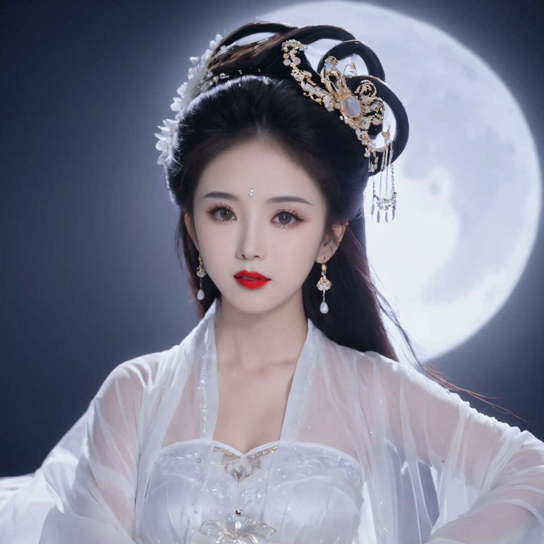 changexianzi, cexz3, 1girl, solo, long hair, looking at viewer, simple background, black hair, hair ornament, long sleeves, white background, dress, jewelry, upper body, earrings, sky, wide sleeves, white dress, black eyes, lips, see-through, makeup, night, facial mark, chinese clothes, moon, lipstick, full moon, hair rings, shawl, forehead mark, realistic, red lips, hagoromo, hanfu <lora:ce10802-000007:0.7>