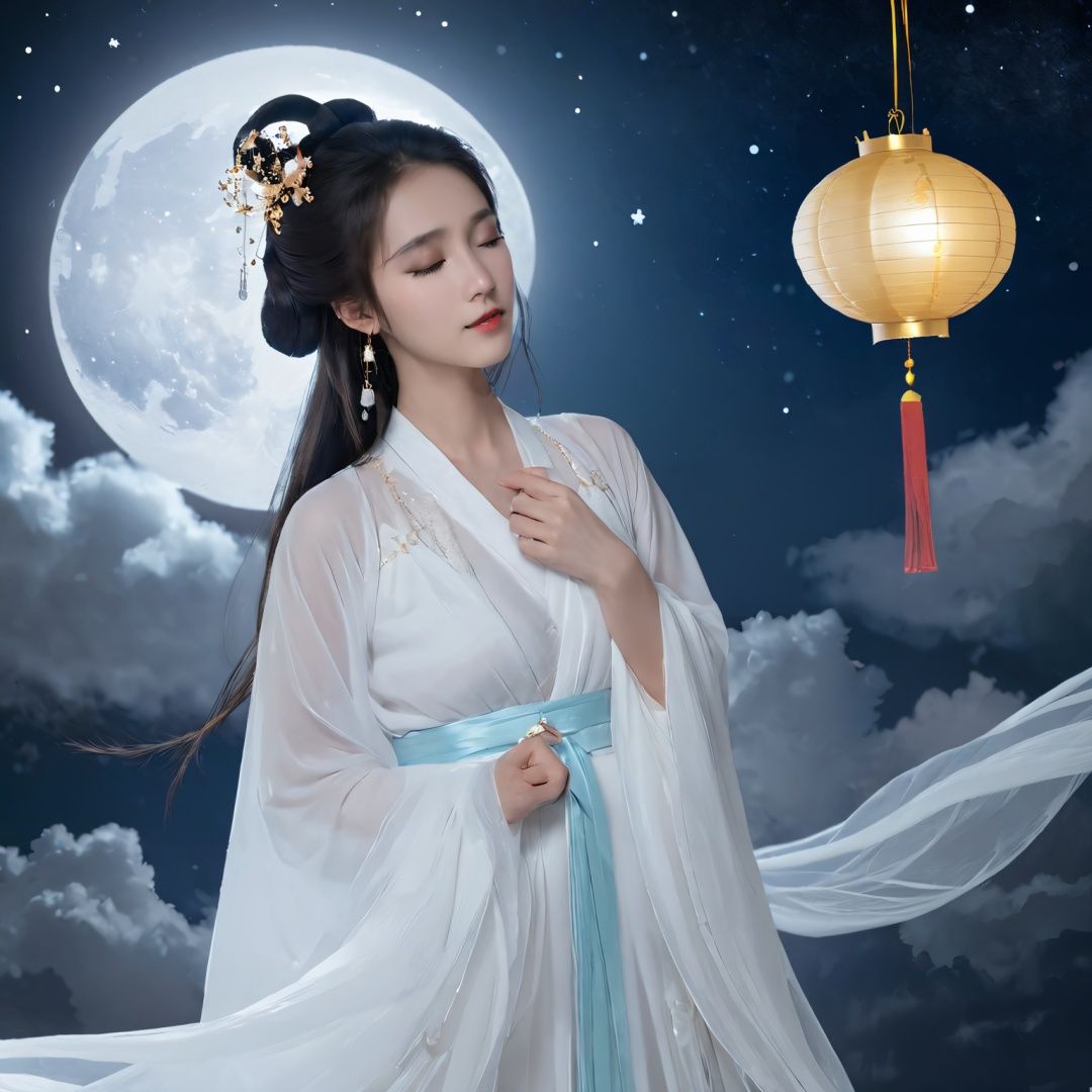 changexianzi, cexz1, 1girl, solo, long hair, breasts, black hair, hair ornament, long sleeves, dress, holding, jewelry, closed mouth, standing, full body, closed eyes, earrings, sky, artist name, cloud, dark skin, wide sleeves, hair bun, white dress, dark-skinned female, see-through, sash, profile, night, facial mark, chinese clothes, moon, single hair bun, star \(sky\), night sky, full moon, floating, starry sky, shawl, robe, lantern, forehead mark, realistic, paper lantern, hagoromo, hanfu, holding lantern<lora:cetwo-000007:0.7>