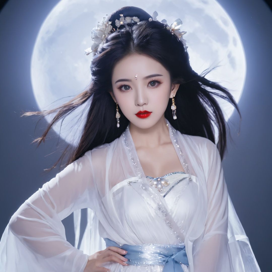 changexianzi, cexz3, 1girl, solo, long hair, looking at viewer, simple background, black hair, hair ornament, long sleeves, white background, dress, jewelry, upper body, earrings, sky, wide sleeves, white dress, black eyes, lips, see-through, makeup, night, facial mark, chinese clothes, moon, lipstick, full moon, hair rings, shawl, forehead mark, realistic, red lips, hagoromo, hanfu <lora:ce10802-000007:0.7>