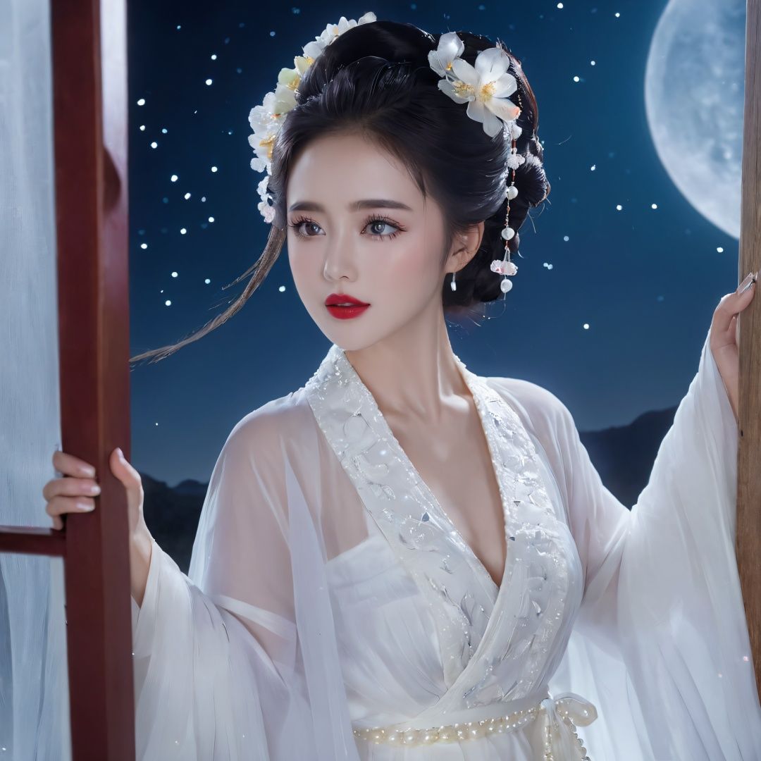changexianzi, cexz4, 1girl, solo, looking at viewer, blue eyes, black hair, hair ornament, long sleeves, dress, holding, jewelry, closed mouth, collarbone, upper body, braid, flower, parted lips, wings, sky, solo focus, artist name, cloud, hair flower, wide sleeves, nail polish, lips, fingernails, see-through, hands up, eyelashes, window, blood, makeup, night, watermark, facial mark, chinese clothes, moon, lipstick, rope, star \(sky\), night sky, light particles, full moon, backlighting, beads, shawl, robe, forehead mark, realistic, nose, red lips, hair stick, string, mascara, moonlight, updo, hanfu, pearl \(gemstone\) <lora:cetwo-000007:0.7>