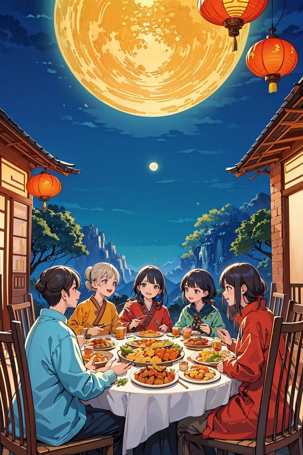 (Best quality, masterpiece, detailed details), Chinese illustration, Chinese traditional festivals, Mid-Autumn Festival, full moon background, many people, detailed details, emotional expressions, a family dinner, the moon, Chinese lanterns, a table of delicious food, Mid-Autumn Festival Festival, traditional culture, there are many people of different styles in the scene, some closer to the front, some closer to the back, full of hidden details, epic scenes, crazy photography 16K resolution
