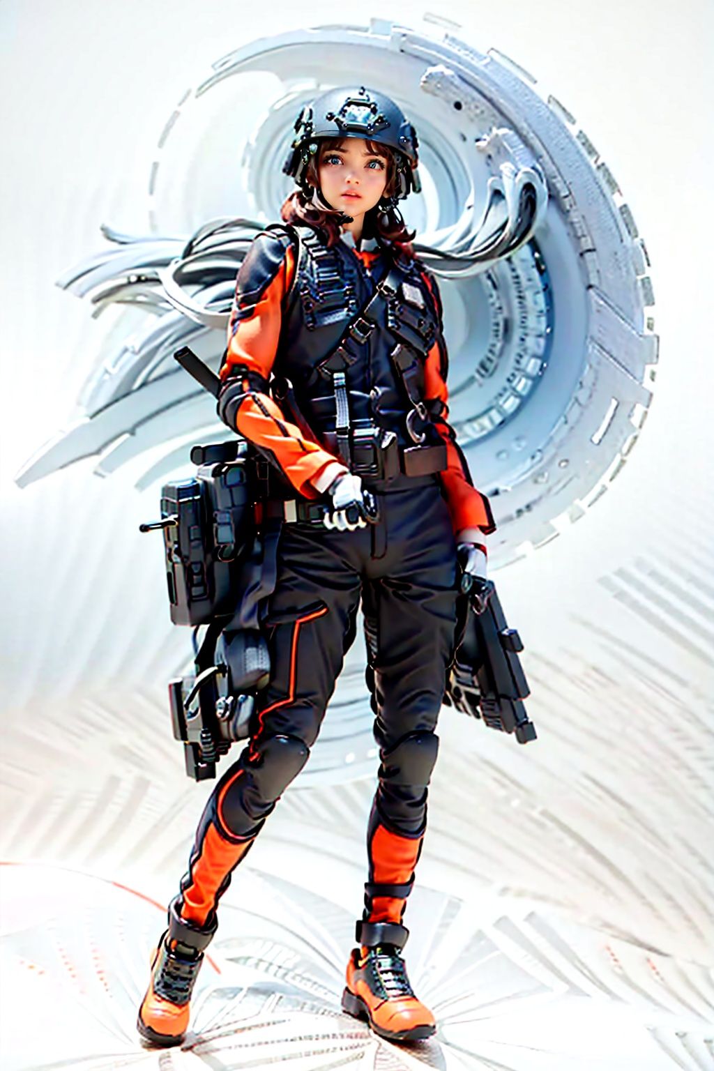 (masterpiece:1.3), (the best quality:1.2), (super fine illustrations:1.2), (Masterpiece), high quality, high detail,((white background:1.2)), looking at viewer, (SOLO:1.4),outline,,simple background,police uniform, mecha, boots, armor, gloves, weapon, military uniform, uniform, helmet, 