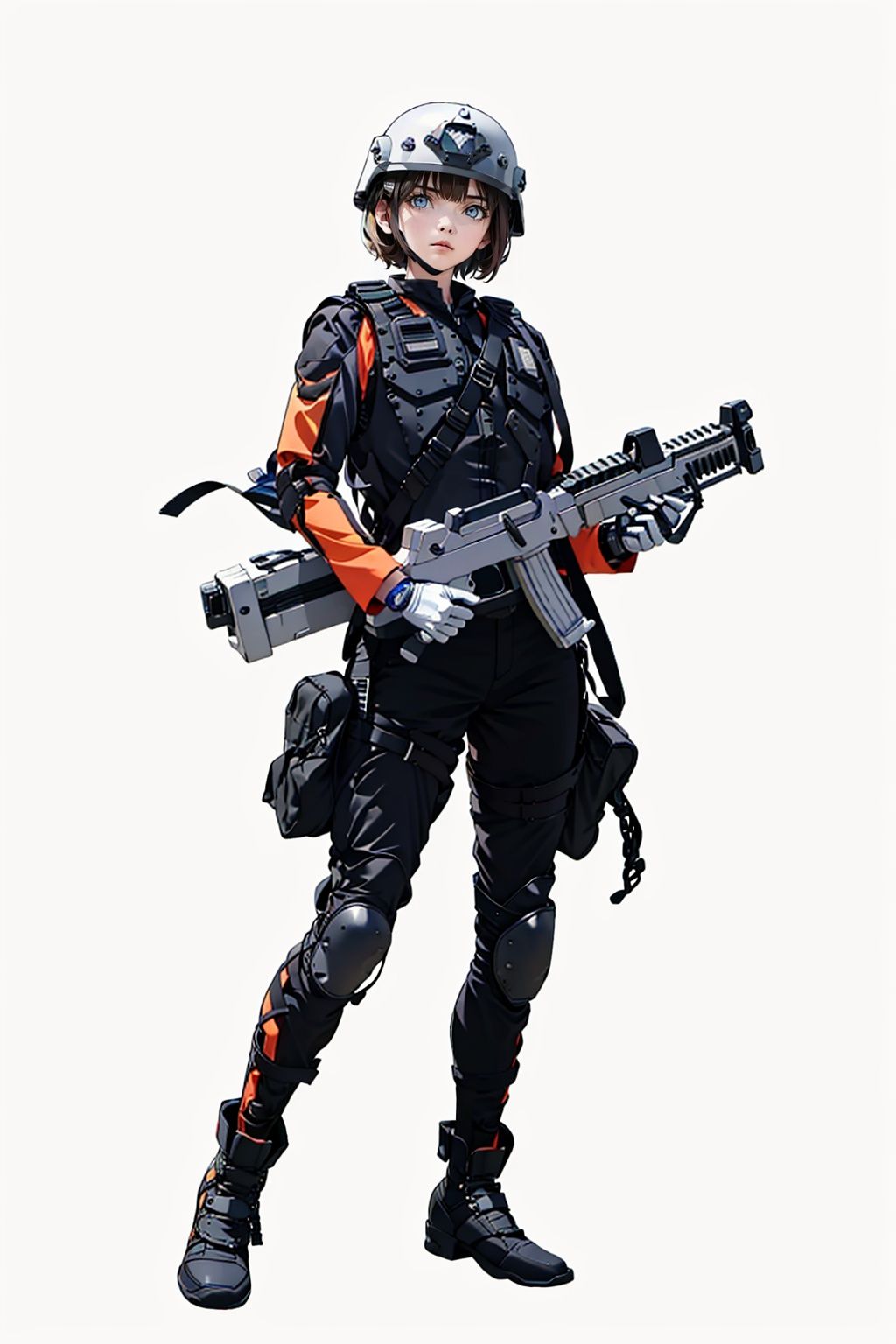 (masterpiece:1.3), (the best quality:1.2), (super fine illustrations:1.2), (Masterpiece), high quality, high detail,((white background:1.2)), looking at viewer, (SOLO:1.4),outline,,simple background,police uniform, mecha, boots, armor, gloves, weapon, military uniform, uniform, helmet, 