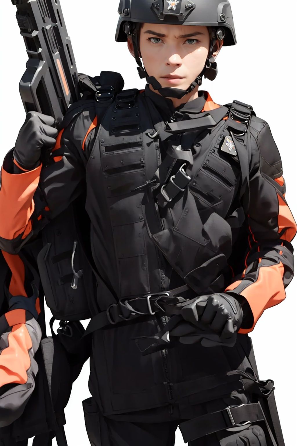 (masterpiece:1.3), (the best quality:1.2), (super fine illustrations:1.2), (Masterpiece), high quality, high detail,((white background:1.2)), looking at viewer, (SOLO:1.4),outline,,simple background,police uniform, mecha, boots, armor, gloves, weapon, military uniform, uniform, helmet, 