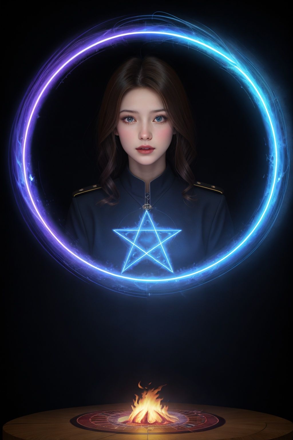 A girl, real, close-up, colorful, glowing, blue-red halo, magic, fire, arcane, magic surround, magic wand, blue flame, warlock, magic circle, pentagram, spell, halo, night background, hologram, Treasure box, masterpiece, ultra-realistic, 32k, extremely detailed CG uniform 8k wallpaper, top quality