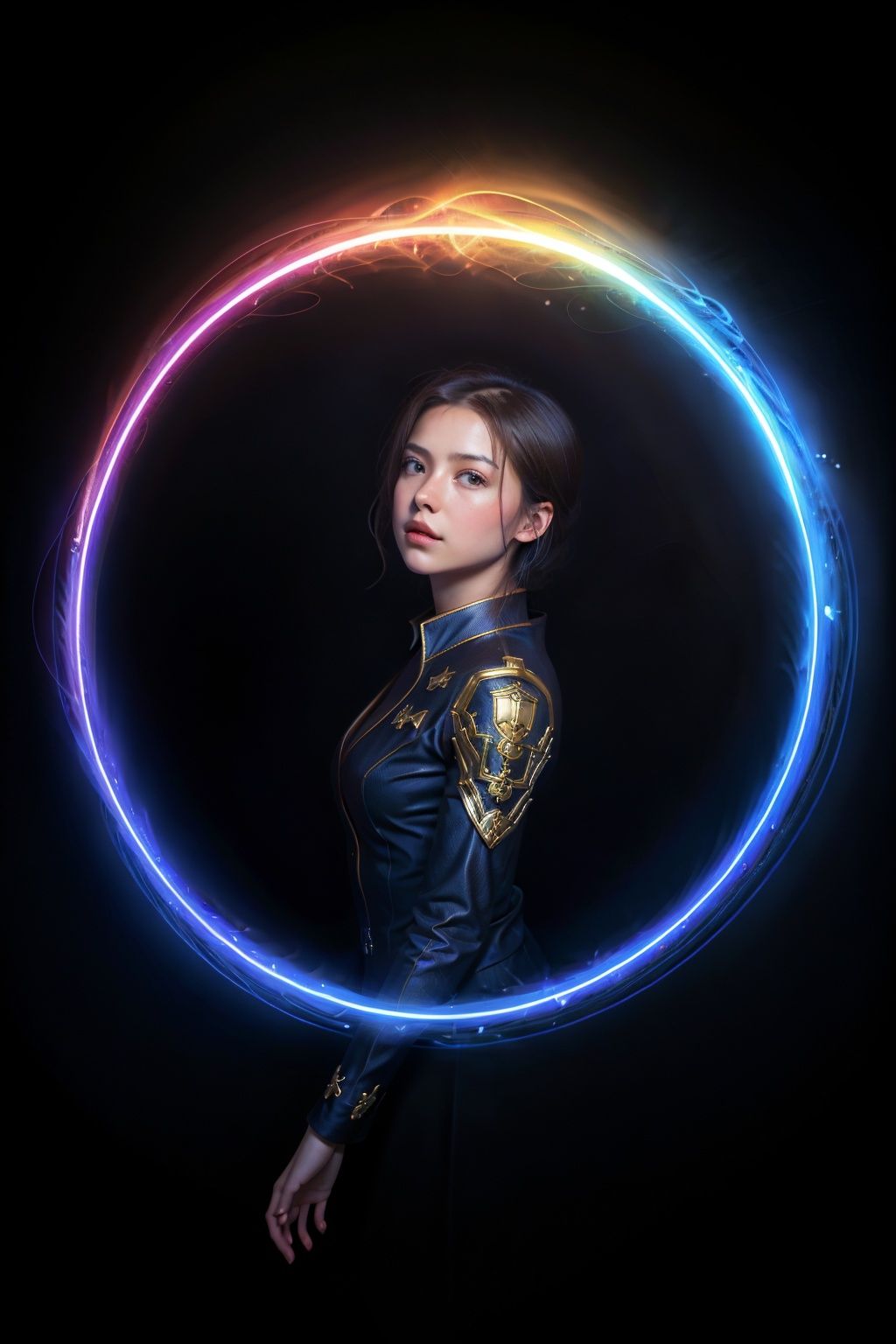 A girl, real, bust, colorful, glow, blue-red halo, magic, fire, arcane, magic surround, magic wand, blue flame, warlock, magic circle, pentagram, spell, halo, night background, hologram, Treasure box, masterpiece, ultra-realistic, 32k, extremely detailed CG uniform 8k wallpaper, top quality
