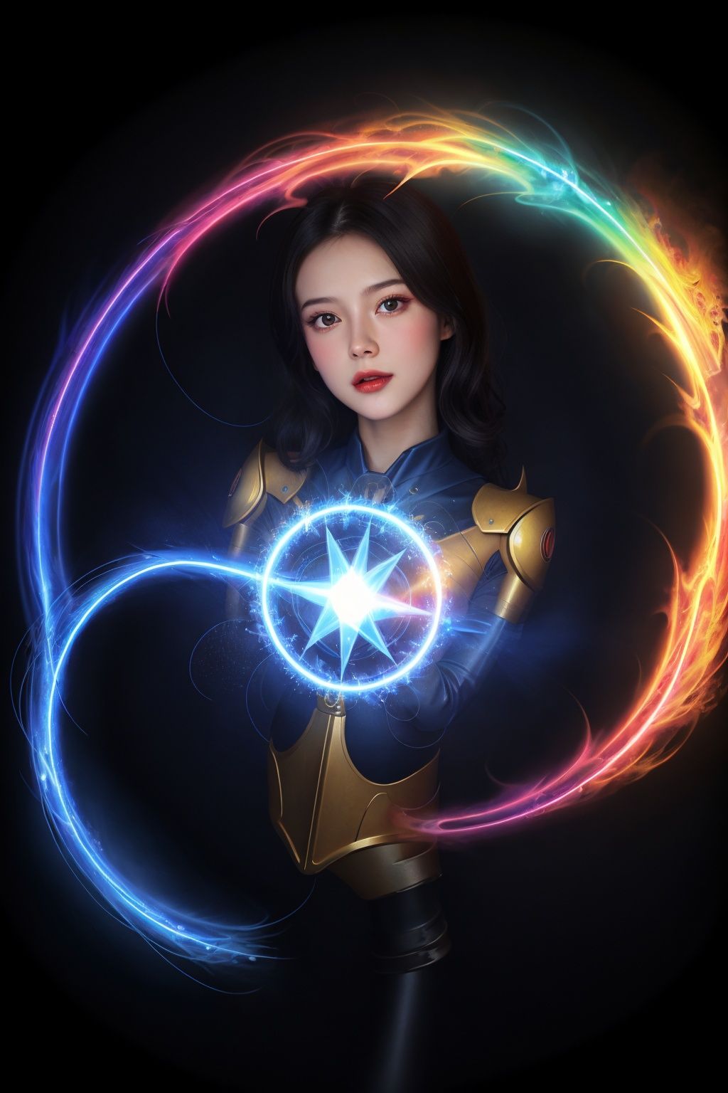 A girl, real, close-up, glow, blue-red halo, mecha, fire, magic surround, magic wand, blue flame, magic circle, pentagram, spell, hologram, Treasure box, masterpiece, ultra-realistic, 32k, top quality, hd