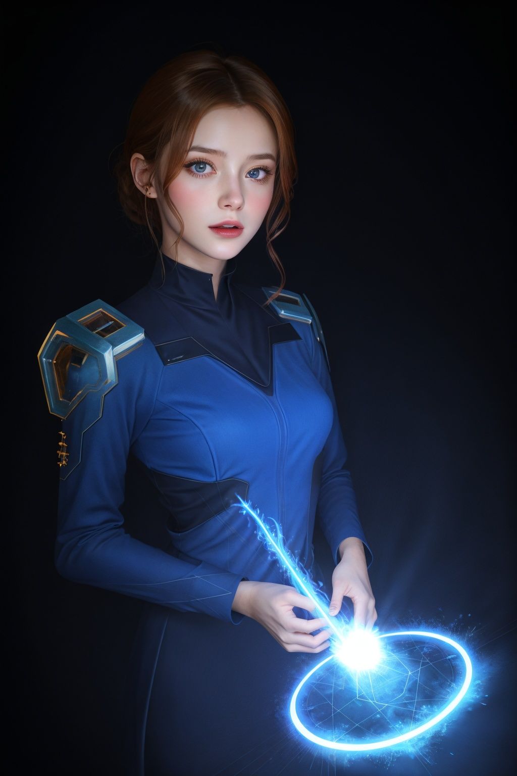 A girl, real, close-up, colorful, glowing, blue-red halo, magic, fire, arcane, magic surround, magic wand, blue flame, warlock, magic circle, pentagram, spell, halo, night background, hologram, Treasure box, masterpiece, ultra-realistic, 32k, extremely detailed CG uniform 8k wallpaper, top quality