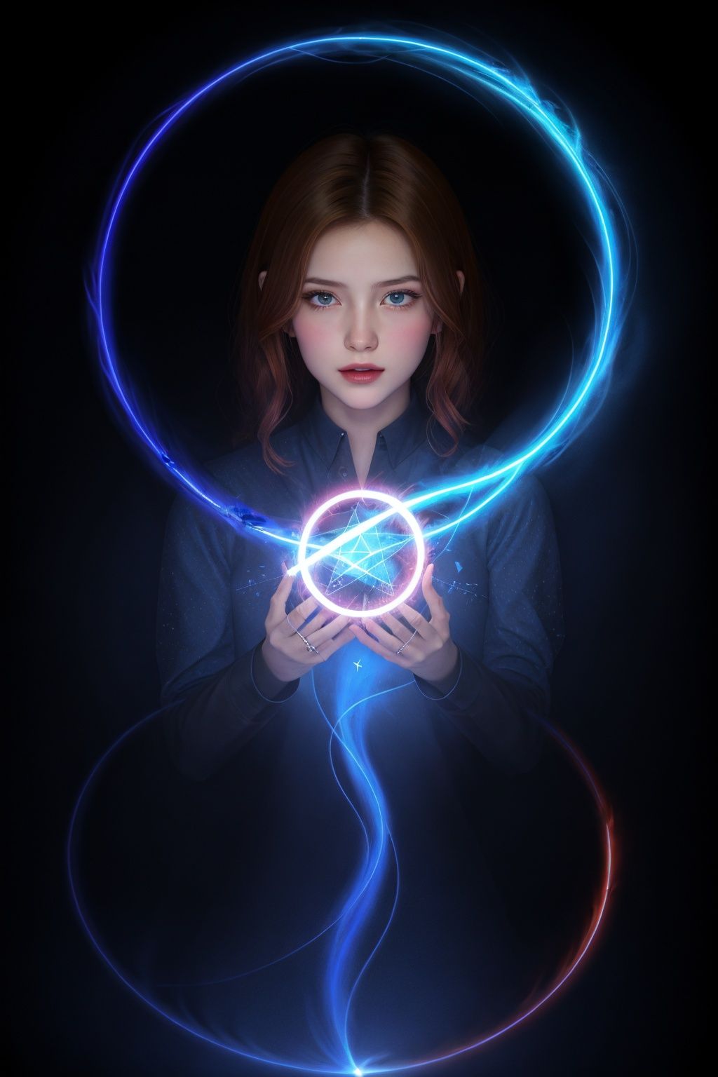 A girl, real, close-up, colorful, glowing, blue-red halo, magic, fire, arcane, magic surround, magic wand, blue flame, warlock, magic circle, pentagram, spell, halo, night background, hologram, Treasure box, masterpiece, ultra-realistic, 32k, extremely detailed CG uniform 8k wallpaper, top quality