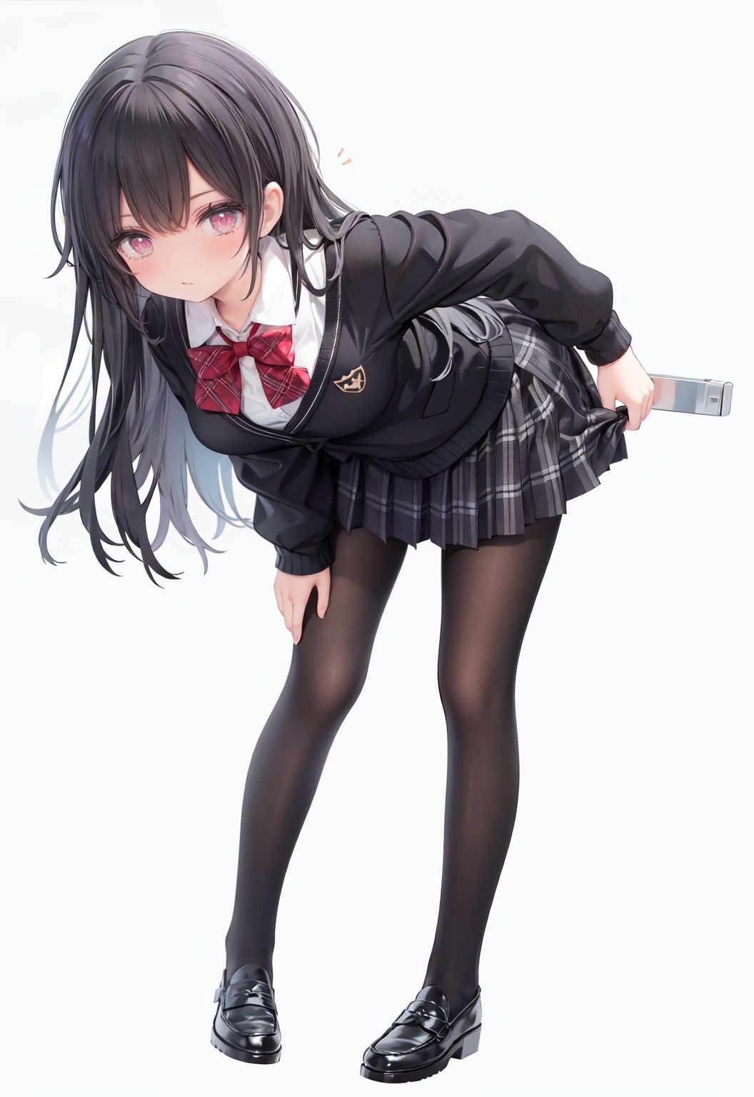 1girl,  solo,  pantyhose,  skirt,  long hair,  loafers,  shoes,  simple background,  school uniform,  brown eyes,  plaid,  black pantyhose,  plaid skirt,  looking at viewer,  black hair,  pantyhose pull,  full body,  clothes pull,  black footwear,  pleated skirt,  leaning forward,  bangs,  long sleeves,  bent over,  cardigan,  bow,  bowtie,  standing,  closed mouth,  pulled by self,  grey background,  blush,  miniskirt,  red bow,  sweater,  **********