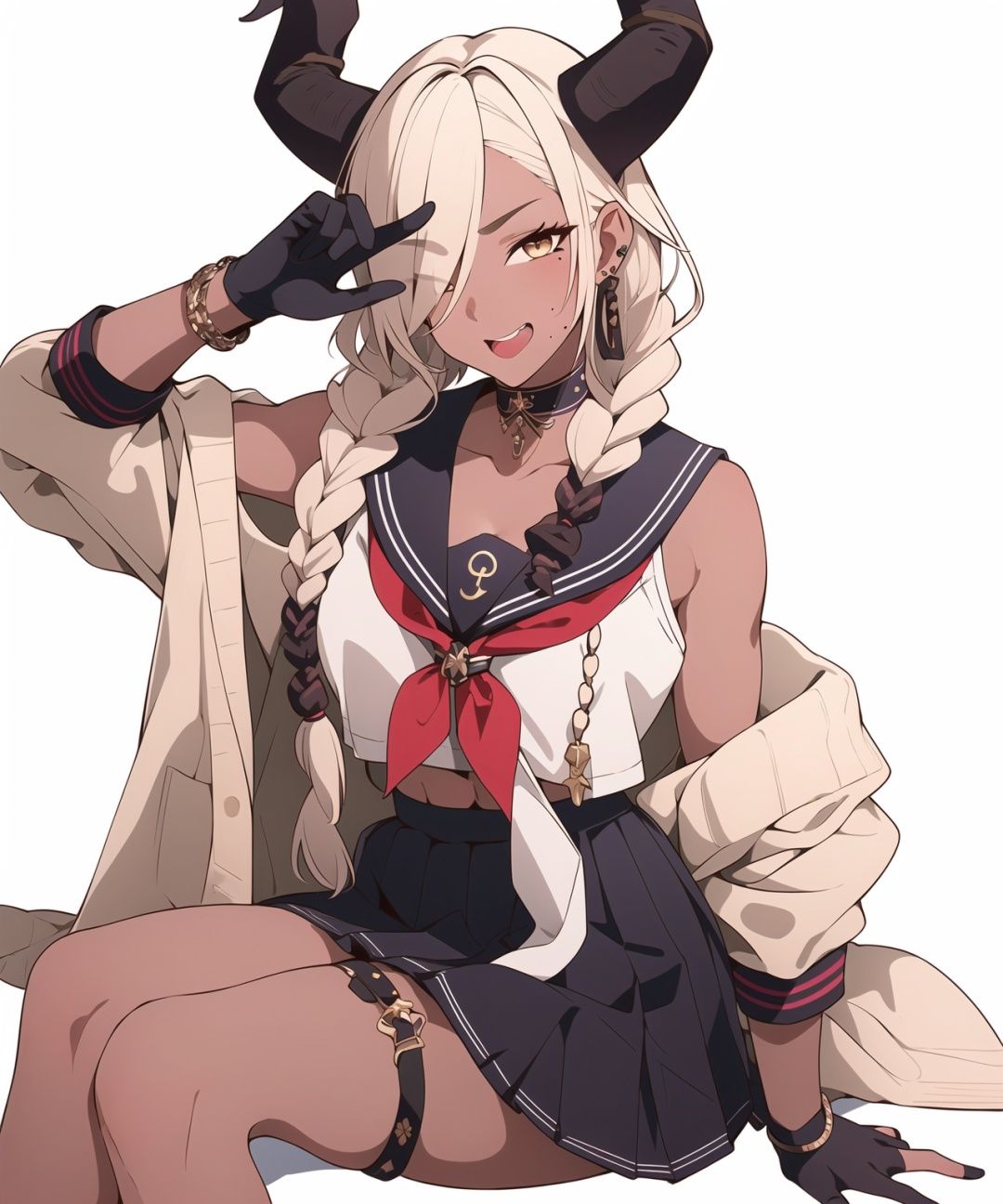 1girl,horns, dark-skinned_female, twin_braids,hair_over_one_eye,earrings,mole under mouth, pleated skirt, (serafuku,sailor collar:1.2),cowboy shot,sitting, sweater,gloves
