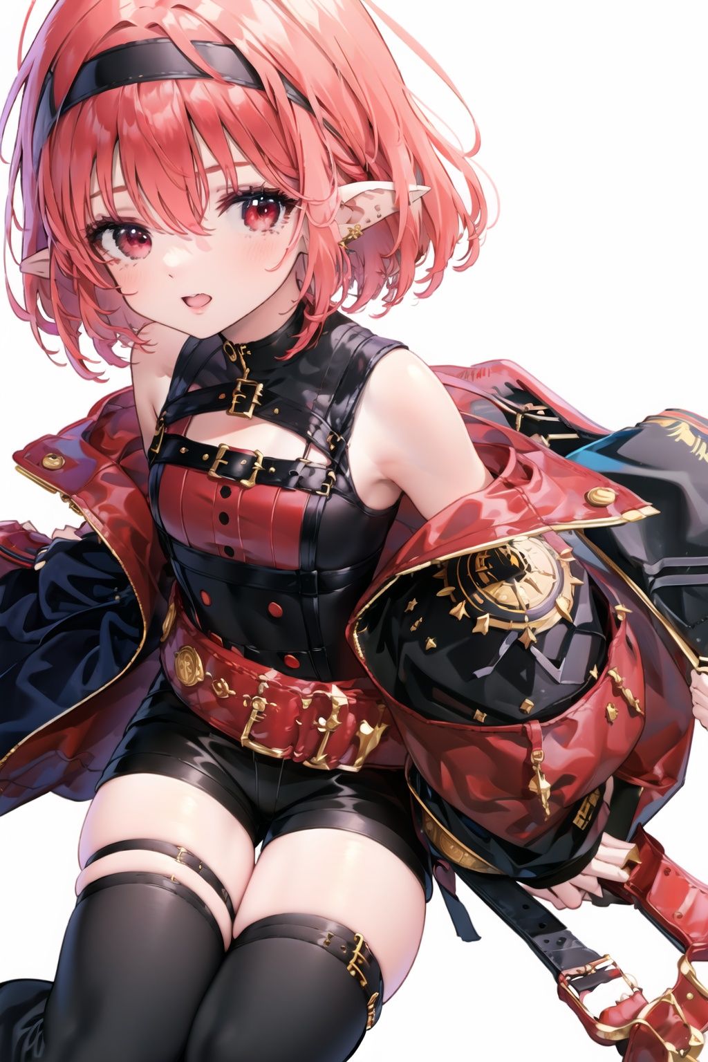 1girl, pointy ears, red eyes, red hair, solo, jacket, short hair, white background, looking at viewer, shorts, belt, black jacket, bare shoulders, sleeveless, hair ornament, thighhighs, off shoulder,cuteloli