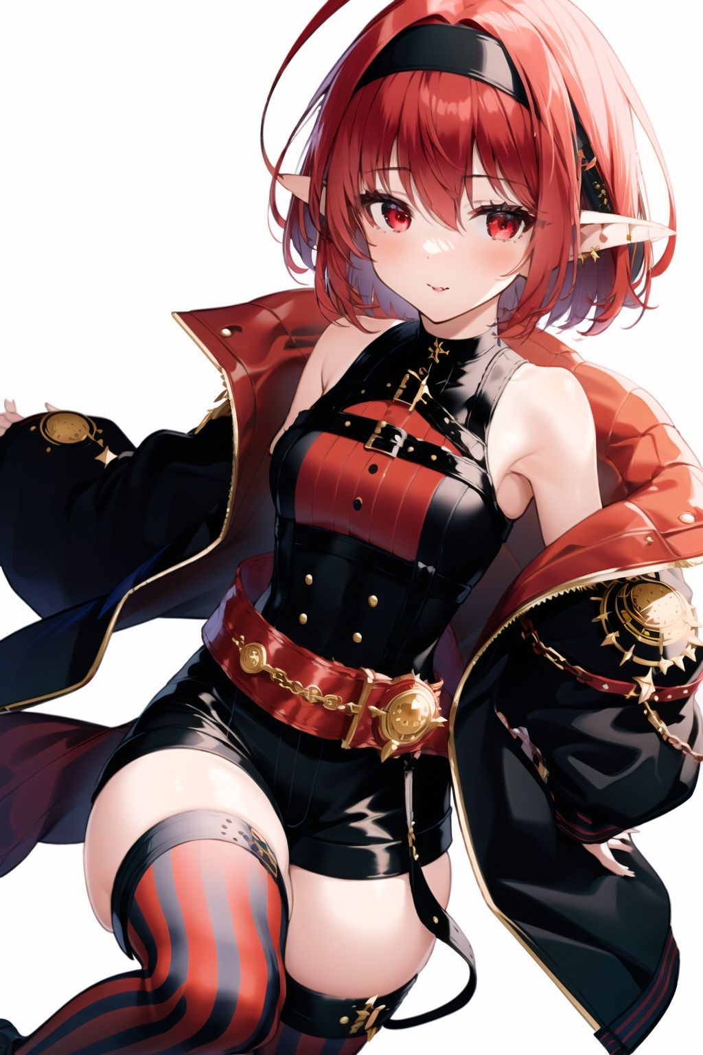 1girl, pointy ears, red eyes, red hair, solo, jacket, short hair, white background, looking at viewer, shorts, belt, black jacket, bare shoulders, sleeveless, hair ornament, thighhighs, off shoulder