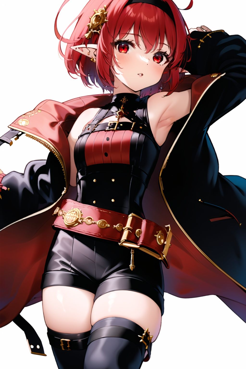1girl, pointy ears, red eyes, red hair, solo, jacket, short hair, white background, looking at viewer, shorts, belt, black jacket, bare shoulders, sleeveless, hair ornament, thighhighs, off shoulder