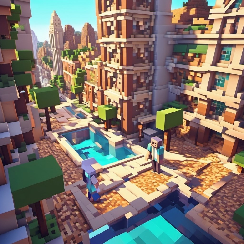 A Minecraft world , Minecraft style, a girl in the city , walking, ultra high quality, low poly, isometric art, 3d art, high detail, artstation, concept art, behance, ray tracing, smooth, sharp focus, ethereal lighting