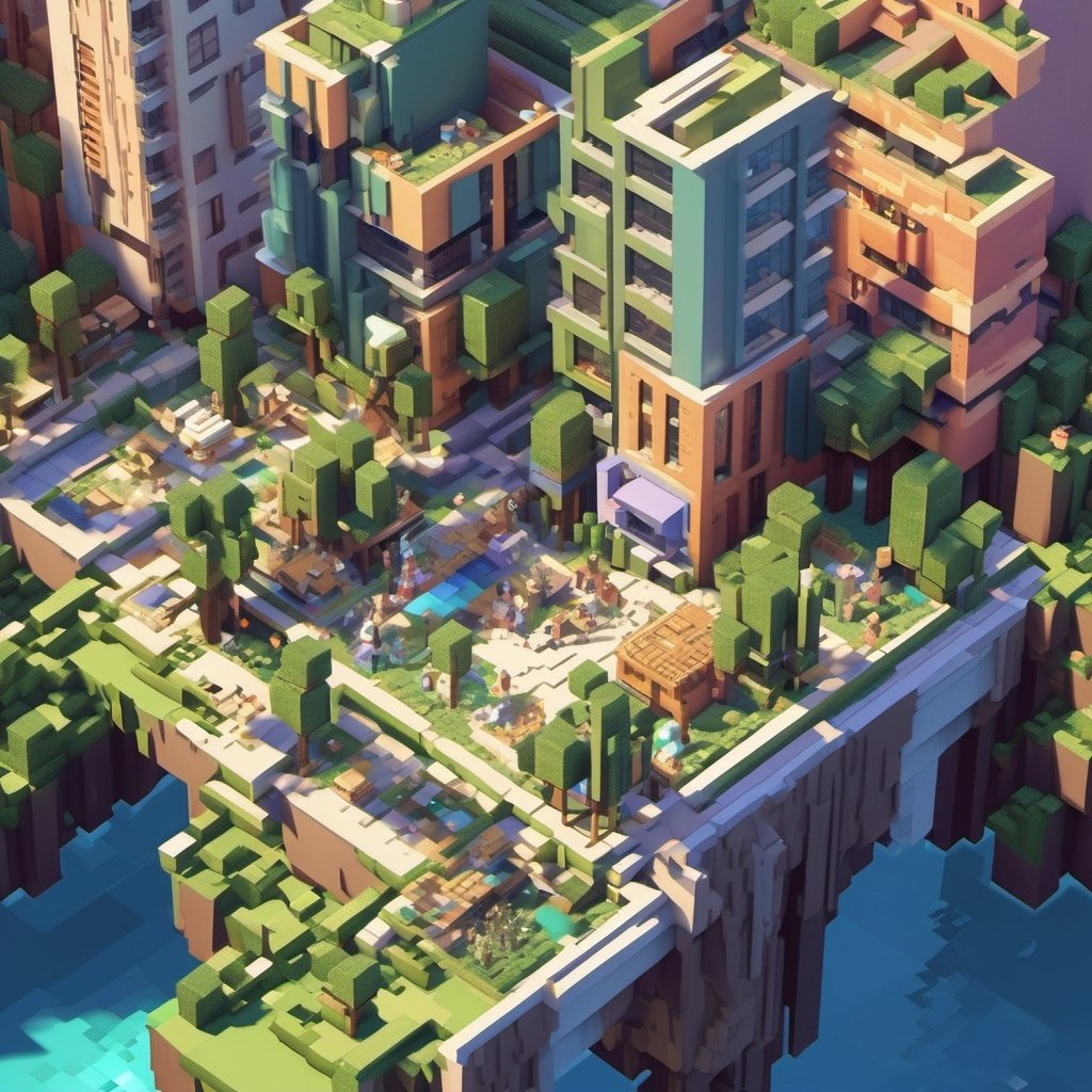 A Minecraft world , Minecraft style, a girl in the city , walking, ultra high quality, low poly, isometric art, 3d art, high detail, artstation, concept art, behance, ray tracing, smooth, sharp focus, ethereal lighting