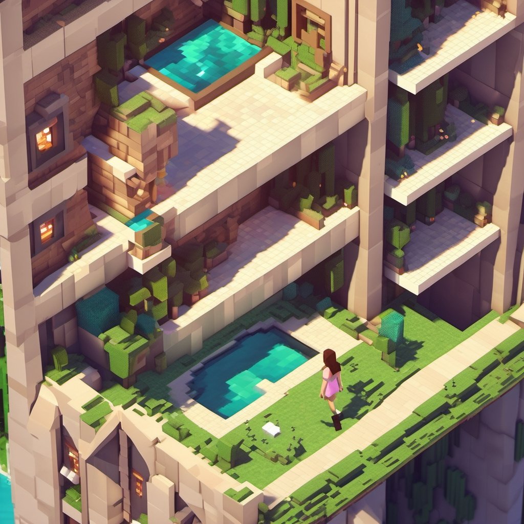 A Minecraft world , Minecraft style, a girl in the city , walking, ultra high quality, low poly, isometric art, 3d art, high detail, artstation, concept art, behance, ray tracing, smooth, sharp focus, ethereal lighting