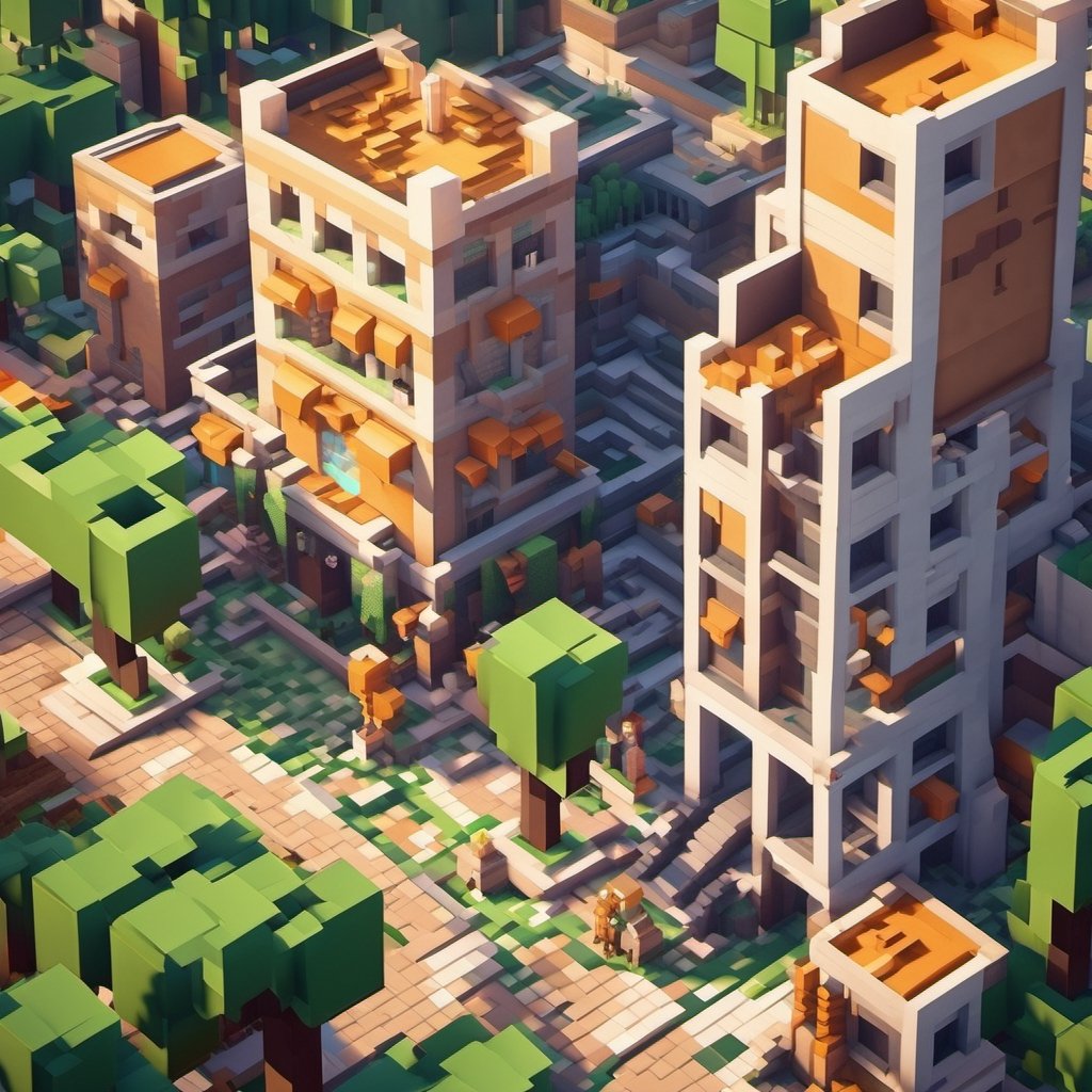 A Minecraft world , Minecraft style, a girl in the city , walking, ultra high quality, low poly, isometric art, 3d art, high detail, artstation, concept art, behance, ray tracing, smooth, sharp focus, ethereal lighting