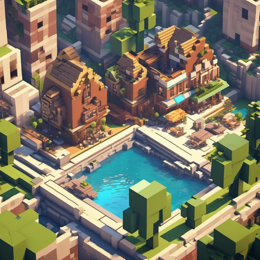 A Minecraft world , Minecraft style, a girl in the city , walking, ultra high quality, low poly, isometric art, 3d art, high detail, artstation, concept art, behance, ray tracing, smooth, sharp focus, ethereal lighting