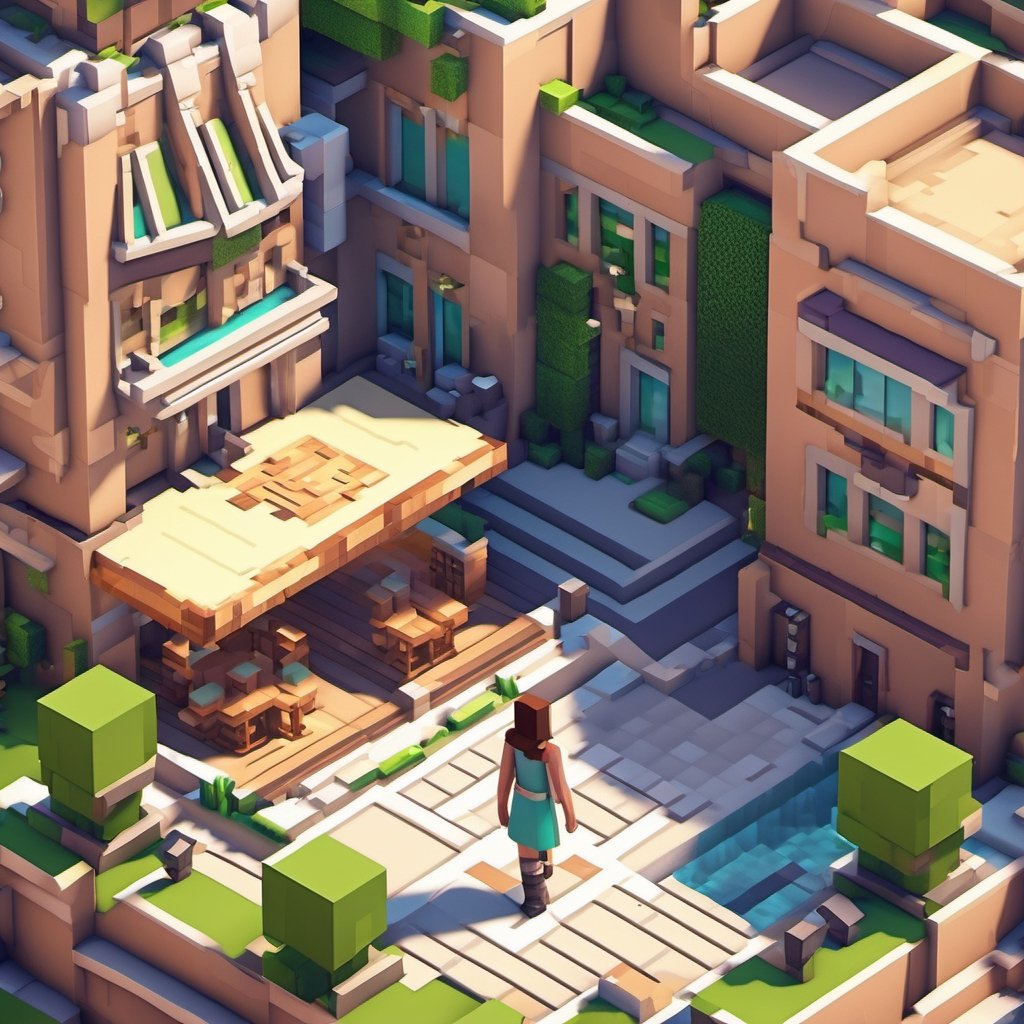 A Minecraft world , Minecraft style, a girl in the city , walking, ultra high quality, low poly, isometric art, 3d art, high detail, artstation, concept art, behance, ray tracing, smooth, sharp focus, ethereal lighting