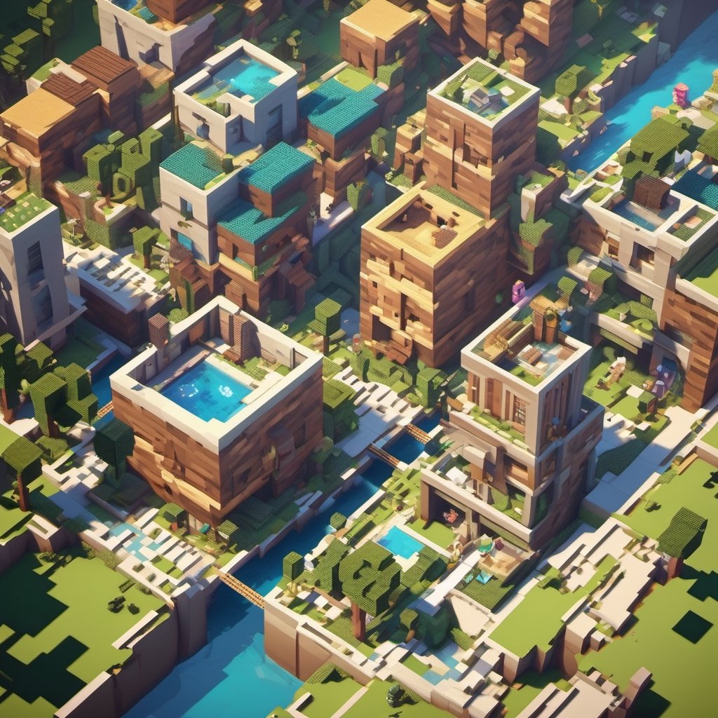 A Minecraft world , Minecraft style, a girl in the city , walking, ultra high quality, low poly, isometric art, 3d art, high detail, artstation, concept art, behance, ray tracing, smooth, sharp focus, ethereal lighting