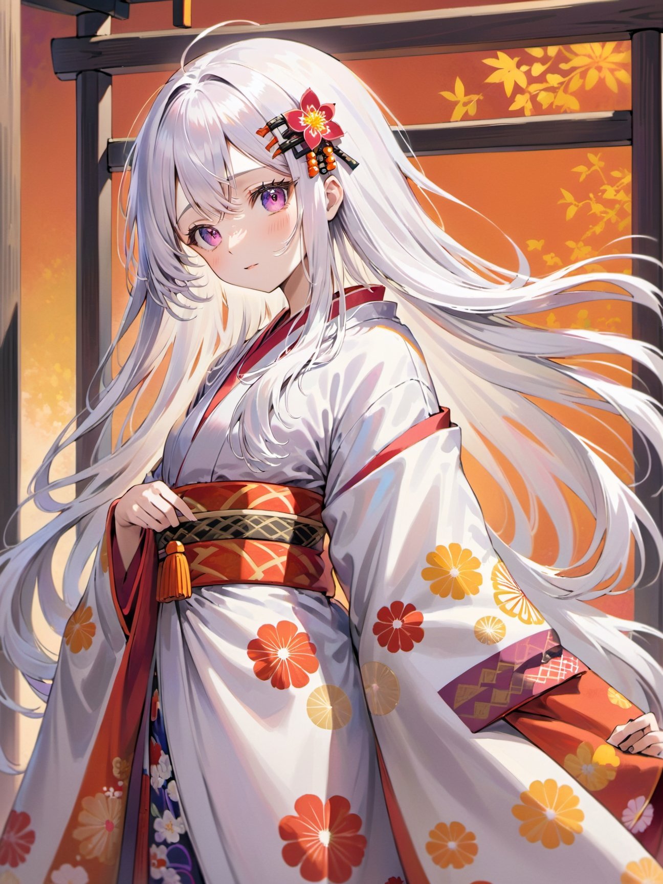 girl with long,  flowing white hair stands gracefully in a traditional setting. She is dressed in a beautiful kimono,  ado...
