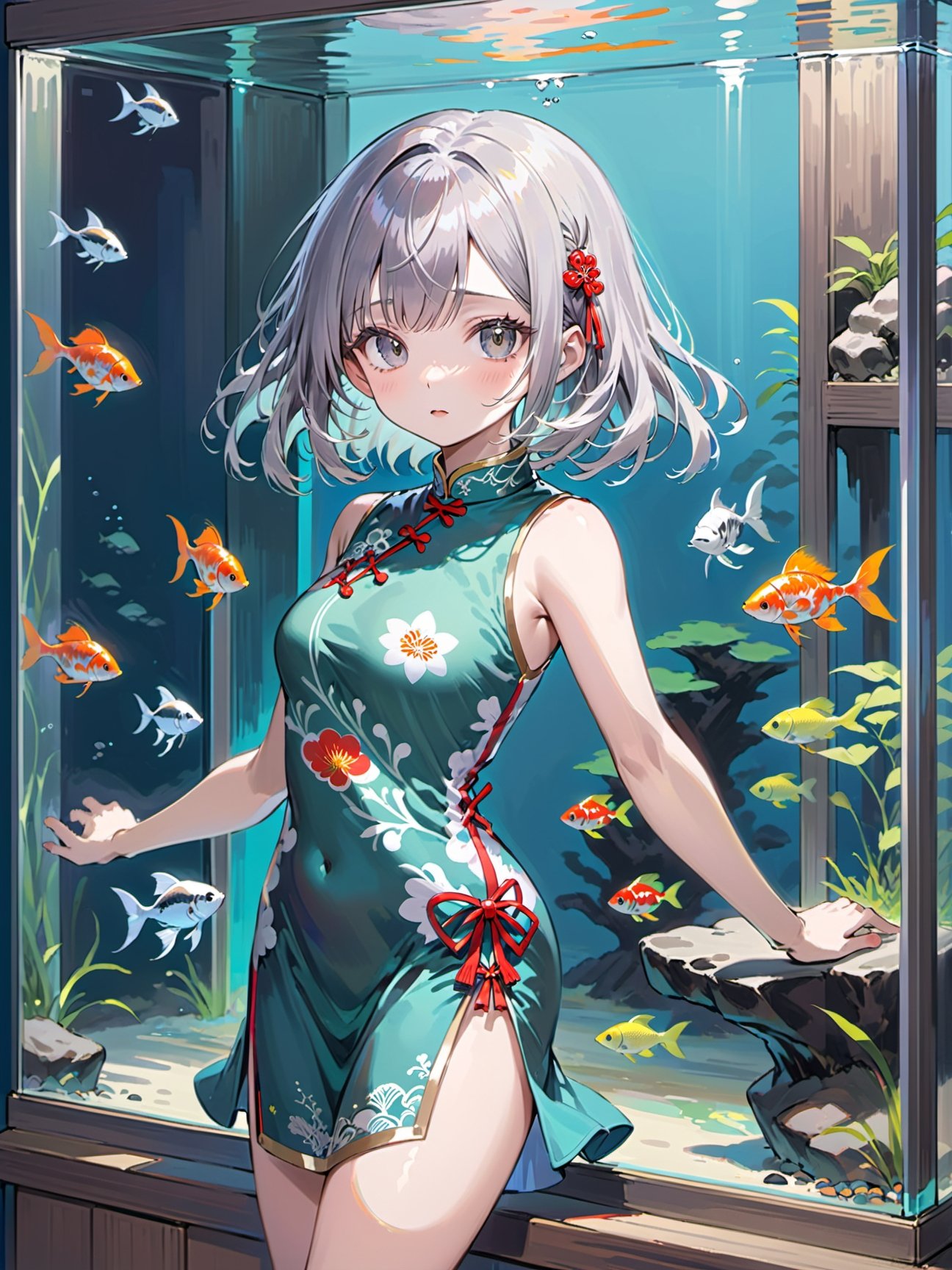 1girl,  grey hair,  cheongsam on Tensor.Art
