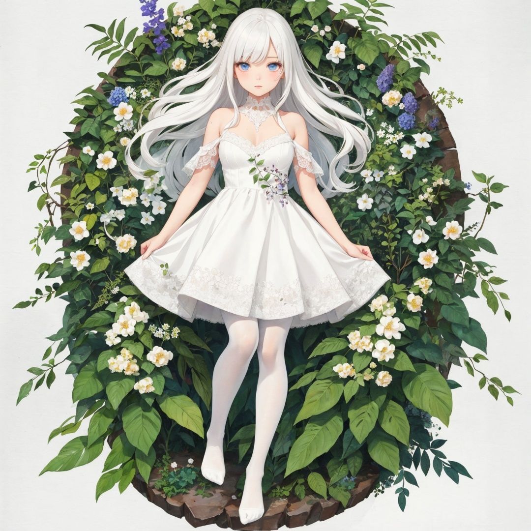 white pantyhose,no shoes, watercolor, masterpiece, best quality, extremely detailed, 1girl, full body, beautiful detailed eyes, cute anime face, full body, beautiful detailed face, white hair, (Botanical illustration:1.5), white dress,