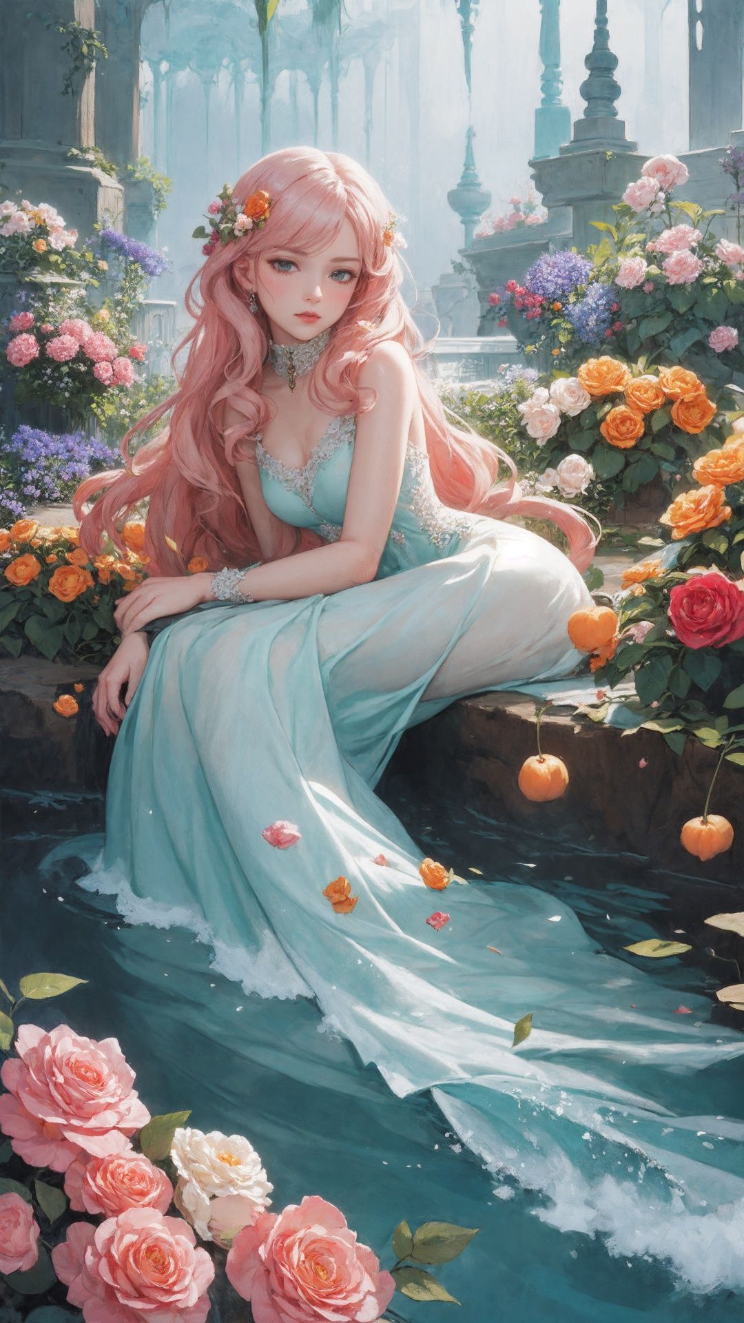 Whimsical fantasy elegant rose floral botany minimalism with a wave of flower, garden flowing flowers floating in a hazy pastel pink, Aqua green, Soft apricots, Smoke fractals, Moody and massively realistic flowers, Octane rendering, Josephine Wall Art, Isabel Menin, jane, Amy brown