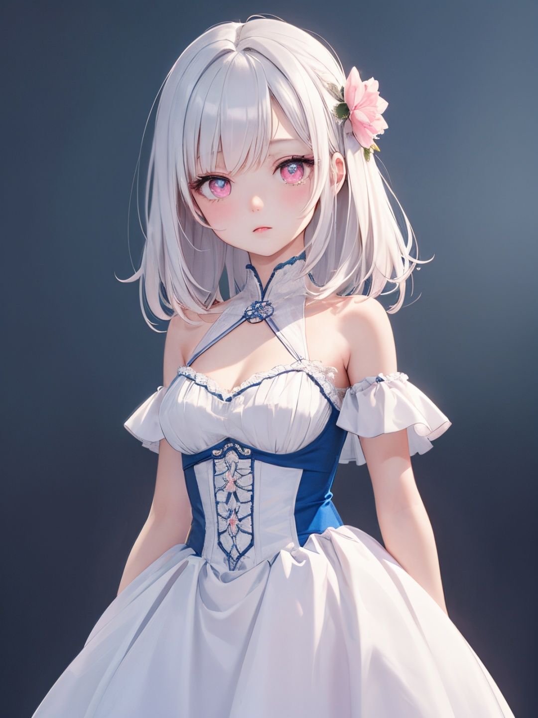 one little girl, (Girlish body type), (masterpiece), (best quality), Exquisite visuals, high-definition, (ultra detailed), finely detail, ((solo)), (medium hair), (white Silver hair), (gradient Blue: 1.2), (beautiful detailed eyes), Kawai, loveliness, looking at viewer, bare shoulders, (medium shot:1.15),pale skin, standing, BREAK,simple background, BREAK((pink eyes)), masterpiece, best quality,