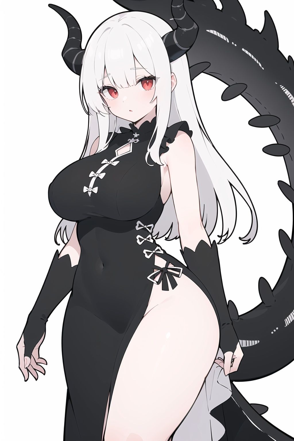 masterpiece,best quality,(best illustration:1.1), intricate details,ultra detailed,((2D)),splendid illustration,extremely detailed 8K wallpaper,1girl,(bishoujo),(beautiful detailed face,pretty face+round face),(transparent eyes,    beautiful detailed big red eyes:1.2),(black dragon tail:1.2),long white hair,detailed silver hair,disheveled hair,bangs,(black dragon horns:1.2),(((black and white frilled dress))),hyper detailed dress,(breasts,wide_hips,narrow waist,slender body:1.2),(lustrous skin+bright skin:1.1),