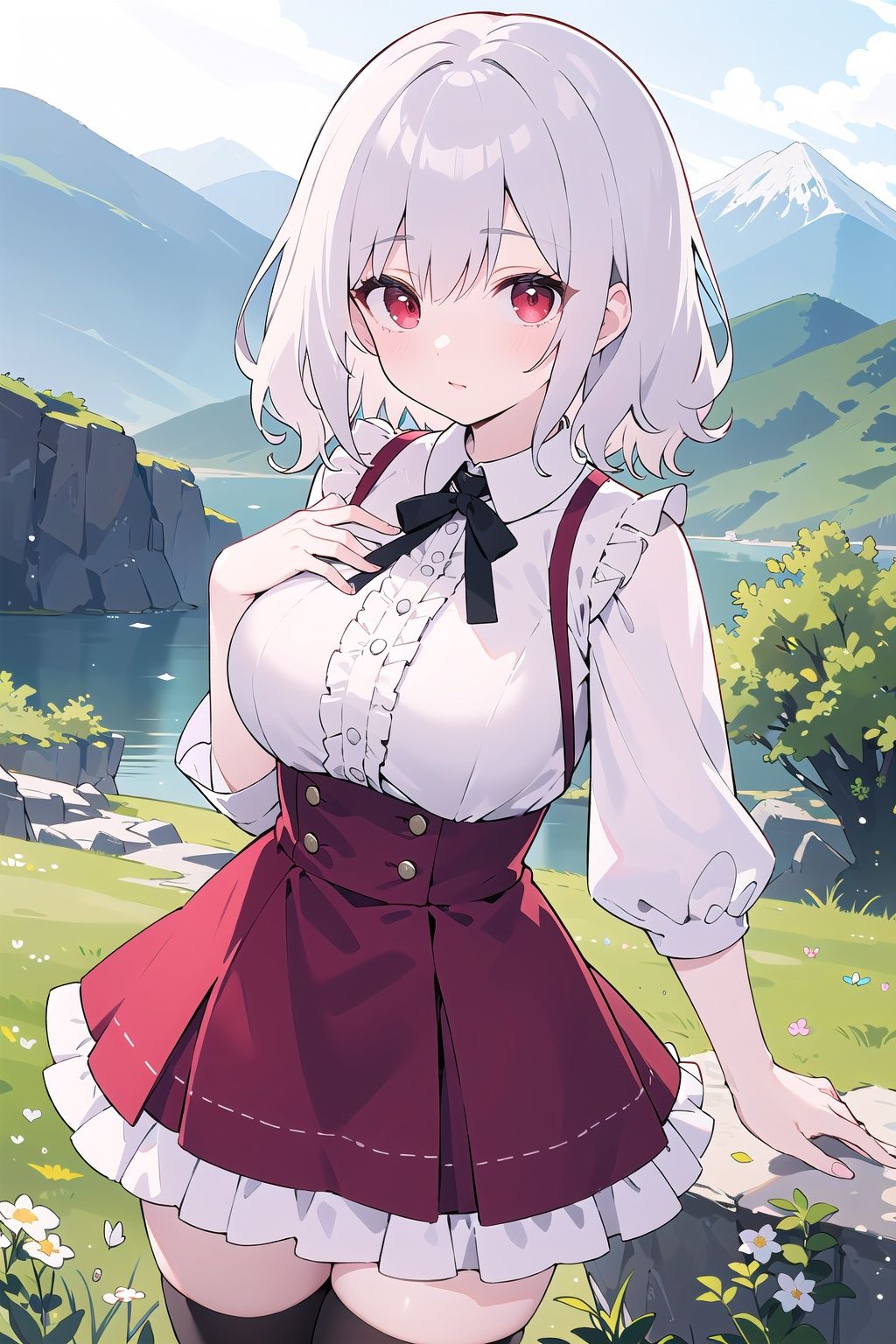 zettai ryouiki,(hanging breasts),(masterpiece, best quality, high quality, highres, ultra-detailed),short hair,silver hair,red eyes,wavy hair,breasts,frills,outdoors,mountain,close-up,alternate costume,