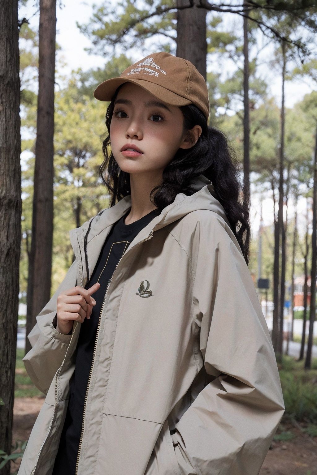 arien_fashion,1girl,upper body,tree background, <lora:时尚夹克模特:0.5>